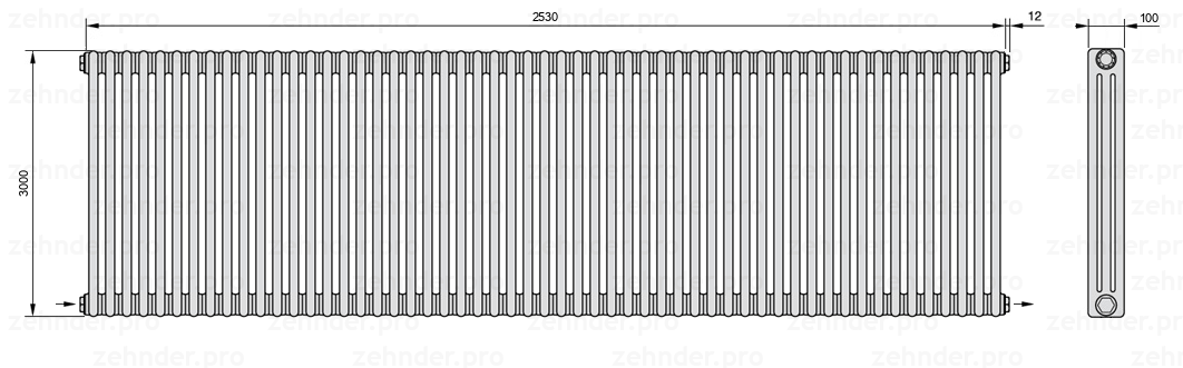 Схема (чертеж) Радиатор Zehnder Charleston 3300/55 №2670 Белый глянцевый RAL 9016